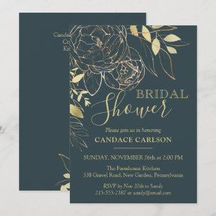 Dark Teal & Gold Peony Modern Floral Bridal Shower Invitation
