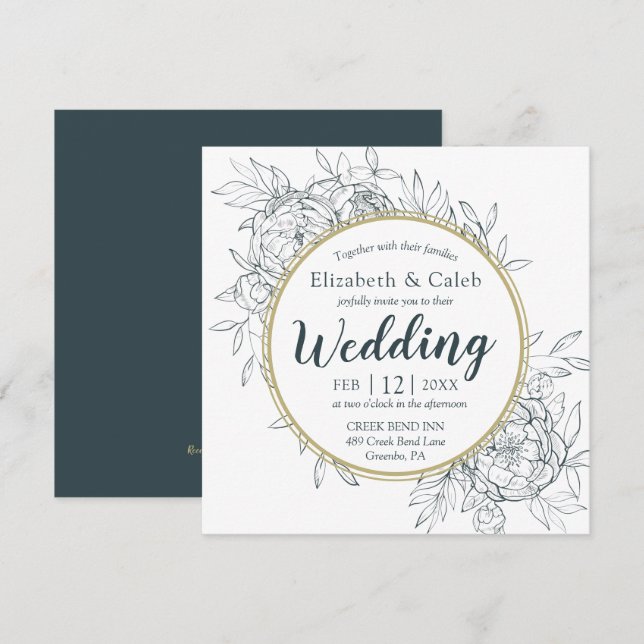 Dark Teal & Gold Peony Modern Floral Toile Wedding Invitation (Front/Back)