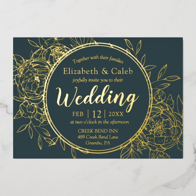 Dark Teal & Gold Peony Modern Toile Wedding (Front)