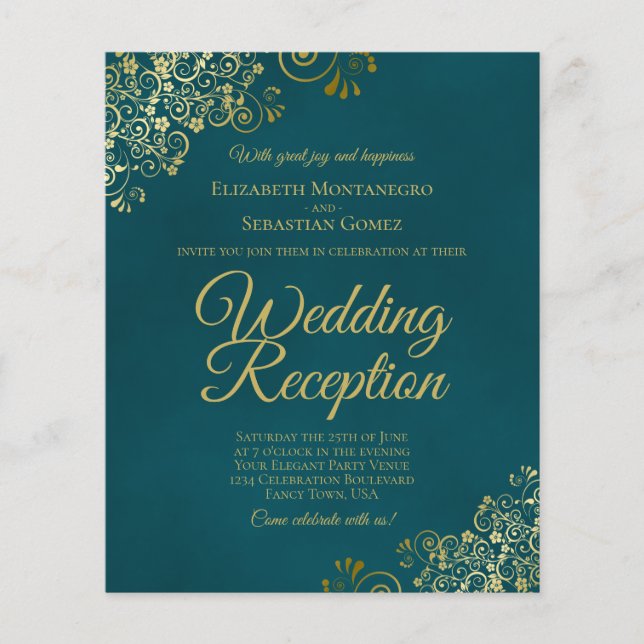 Dark Teal & Gold Wedding Reception BUDGET Invite (Front)