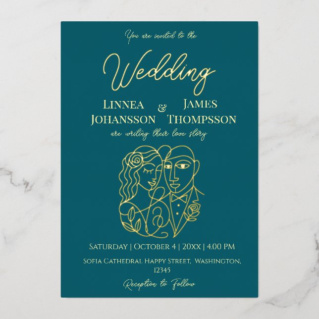 Dark Teal Golden Elegant Wedding Modern Couple (Front)