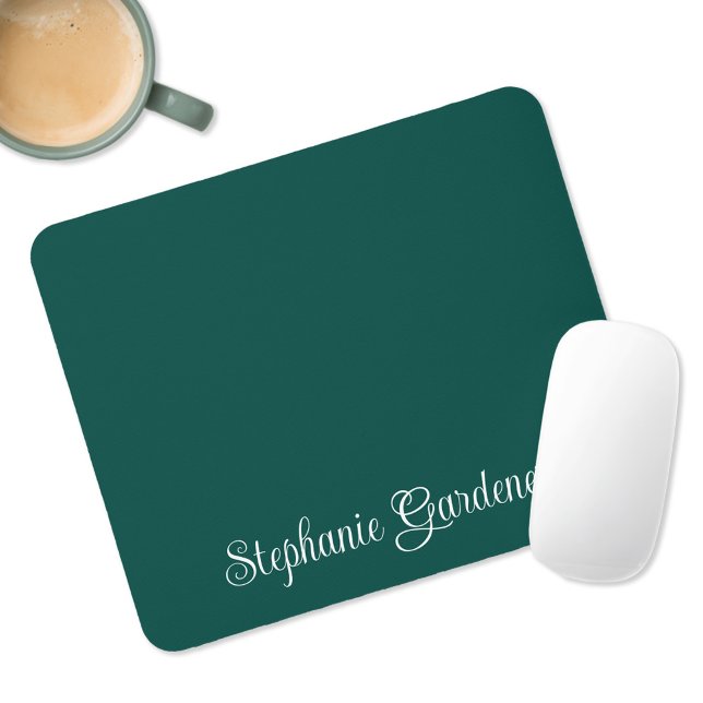 Dark Teal Green and White Curly Calligraphy Mouse Mat (Personalized Dark Teal Modern Mousepad)