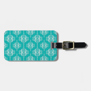 Dark Teal Green and White Damask Pattern Luggage Tag