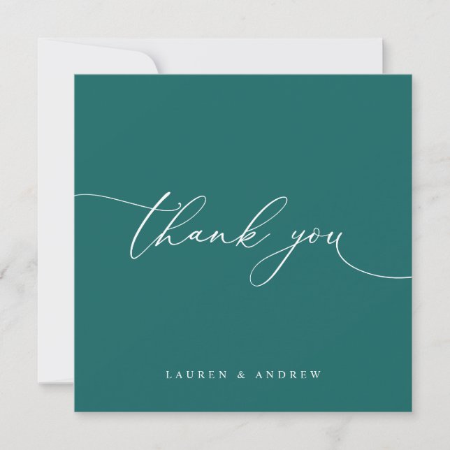 Dark Teal Green Modern Minimalist Wedding Thank You Card (Front)