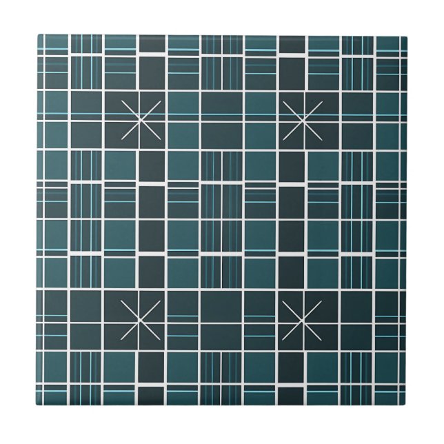 Dark Teal Grid Pattern Starburst Accent Modern  Tile (Front)