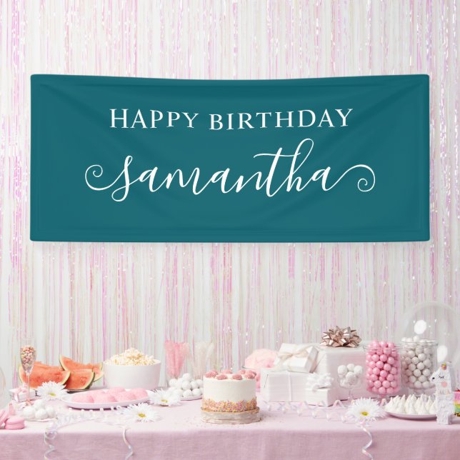 Dark Teal Happy Birthday Short Curly Swash Name Banner (Party)