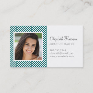 Dark Teal Herringbone Photo Business Card