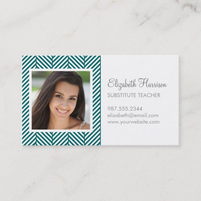 Dark Teal Herringbone Photo Business Card (Front)