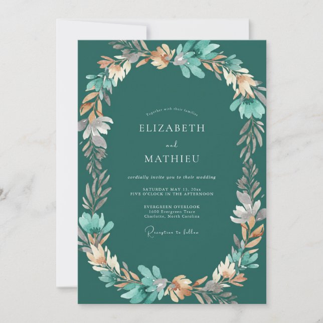Dark Teal Leafy Wedding Invitation (Front)