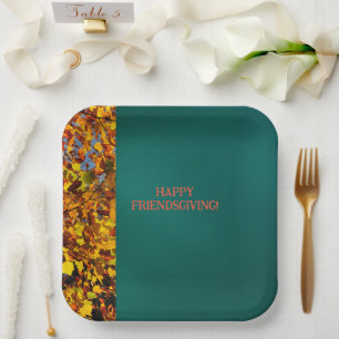Dark Teal Leaves Thanksgiving Friendsgiving Paper Plate