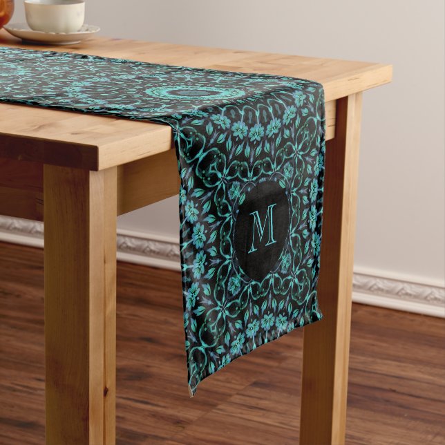 Dark Teal Mandala Monogram Medium Table Runner (In Situ)
