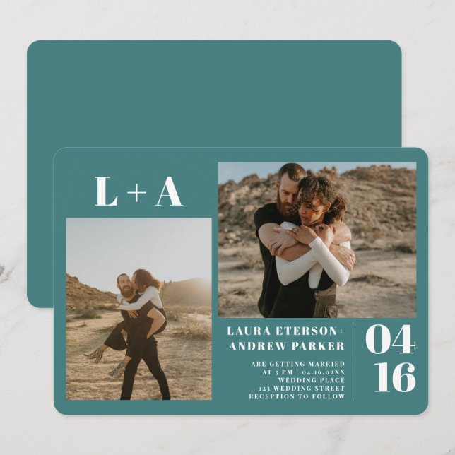 Dark teal minimalist initials 2 photos wedding invitation (Front/Back)