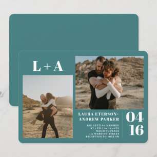 Dark teal minimalist initials 2 photos wedding invitation