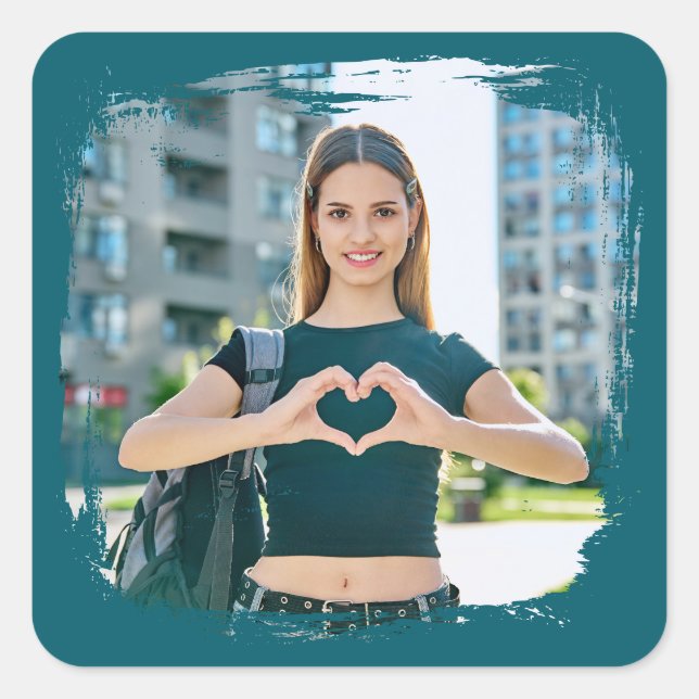 Dark Teal Modern Grunge Border Photo Square Sticker (Front)