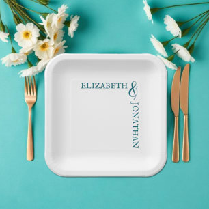 Dark Teal Modern Typography Wedding Paper Plate