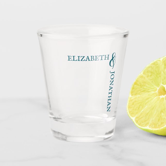 Dark Teal Modern Typography Wedding Shot Glass (Front)