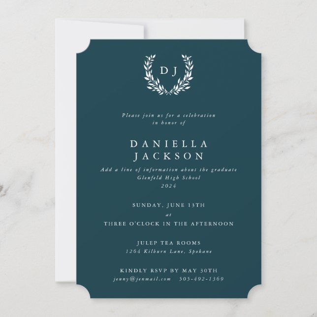 Dark-Teal Monogram Laurel Wreath Graduation Invitation (Front)