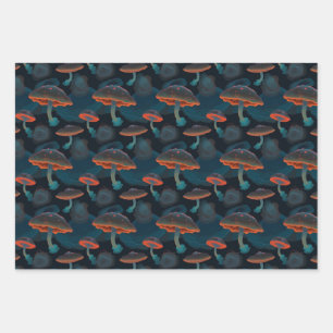 Dark Teal Mushroom Cottagecore Nature Pattern Wrapping Paper Sheet