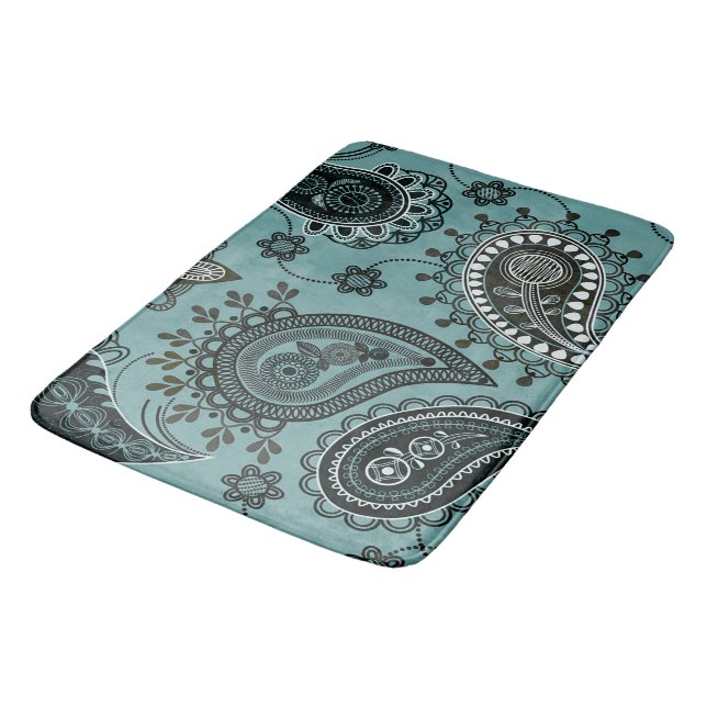 Dark teal paisley bath mat (Angled)