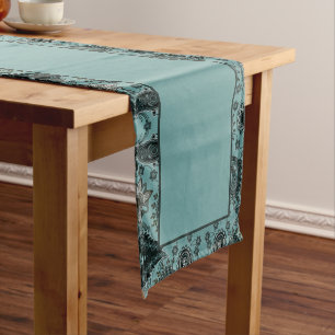 Dark teal paisley short table runner