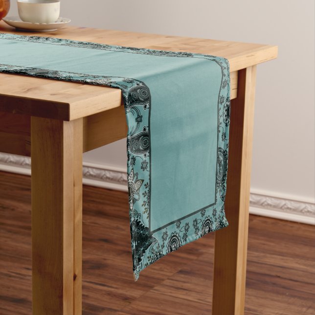 Dark teal paisley short table runner (In Situ)