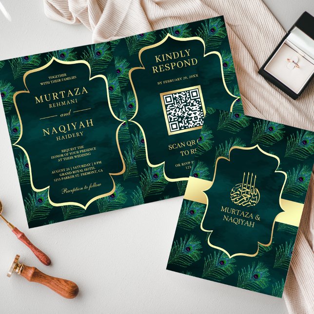 Dark Teal Peacock Feathers QR Code Muslim Wedding Invitation (Creator Uploaded)
