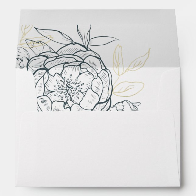 Dark Teal Peony Floral & Gold Wedding Invitation Envelope (Back (Bottom))