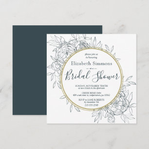 Dark Teal Peony Floral Modern Toile Bridal Shower Invitation