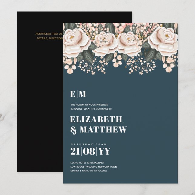Dark Teal Pink Floral Wedding Invitation (Front/Back)