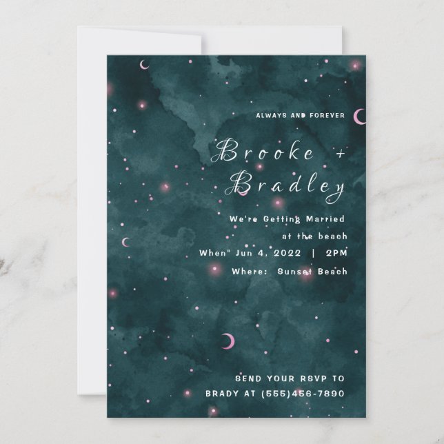 Dark Teal Pink Moonlit Wedding Invitation (Front)