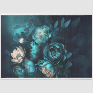 Dark teal pink peonies decoupage  tissue paper