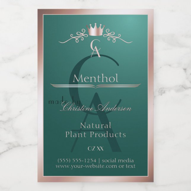 Dark Teal Product Label Rose Gold Frame Monogram (Single Label)