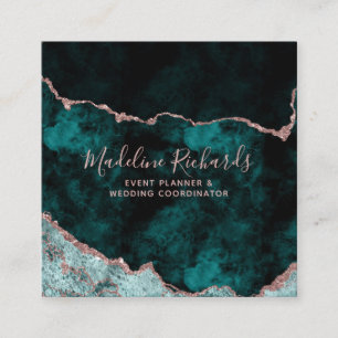 Dark Teal & Rose Gold Watercolor Marble Agate Square Business Card