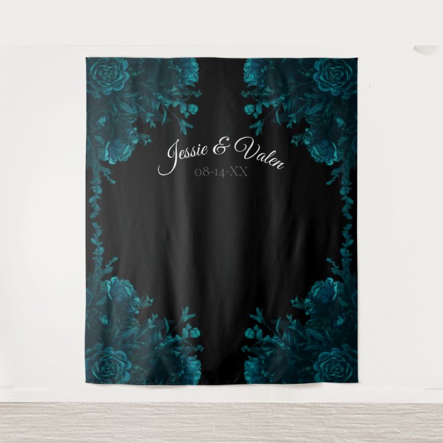Dark Teal Roses Wedding Photo Backdrop Tapestry (Front)