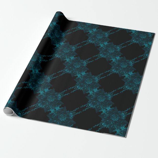 Dark Teal Roses Wedding Wrapping Paper (Unrolled)