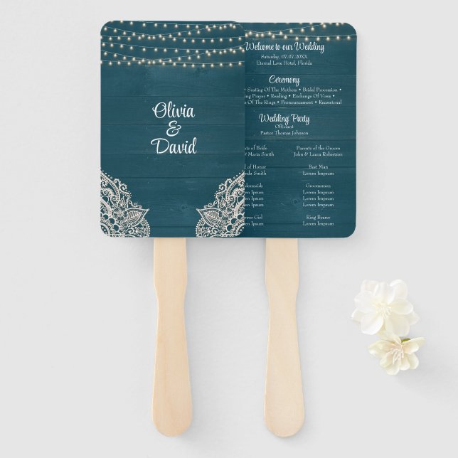 Dark Teal Rustic Wood String Light Wedding Program Hand Fan (Front and Back)