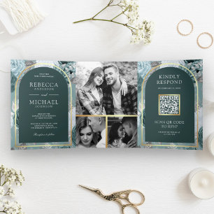 Dark Teal Seafoam Floral Arch QR Code Wedding Tri-Fold Invitation