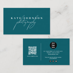 Dark Teal Signature Script QR Code Social Media Business Card