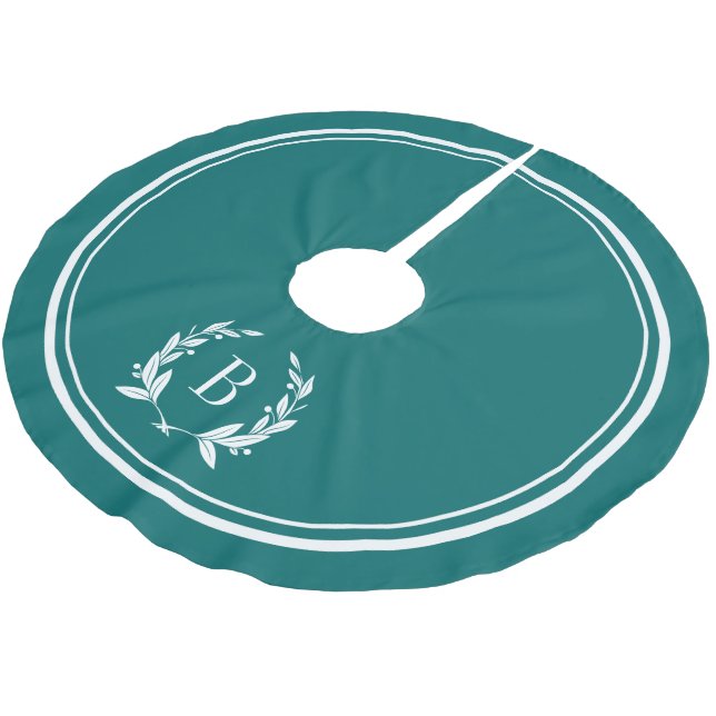 Dark Teal Stripes and Wreath Monogram Tree Skirt (Angled)