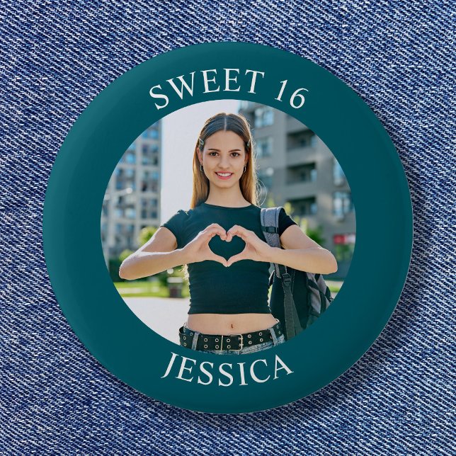 Dark Teal Sweet 16 Birthday Circle Photo 6 Cm Round Badge (Dark Teal Sweet 16 Birthday Circle Photo Button)