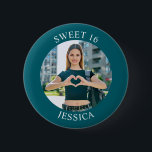 Dark Teal Sweet 16 Birthday Circle Photo 6 Cm Round Badge<br><div class="desc">Create your own personalised white border photo round button for your her 16th birthday. Customise the solid teal background colour or the black text colour to match your photo. If you change the font type or size, you can fine tune the curvature of the text in small increments. Have fun...</div>