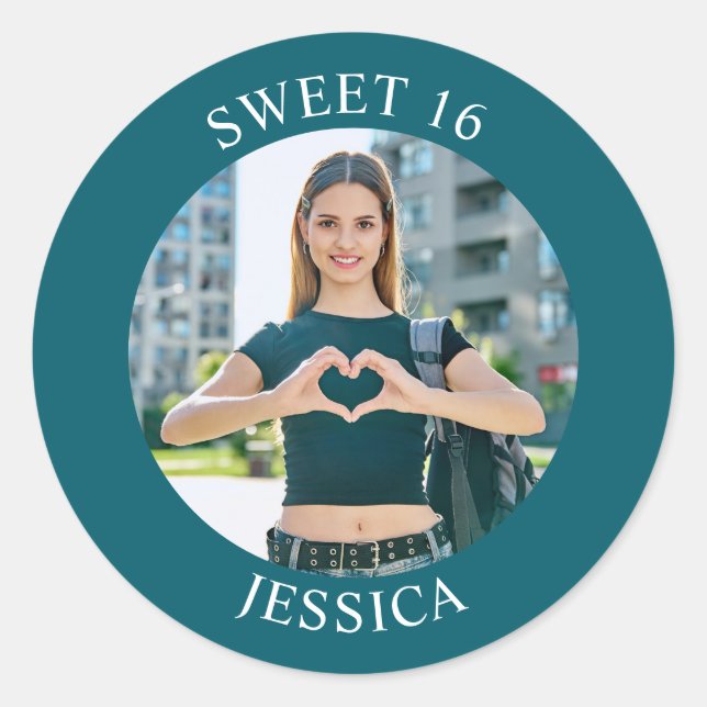 Dark Teal Sweet 16 Birthday Photo Classic Round Sticker (Front)