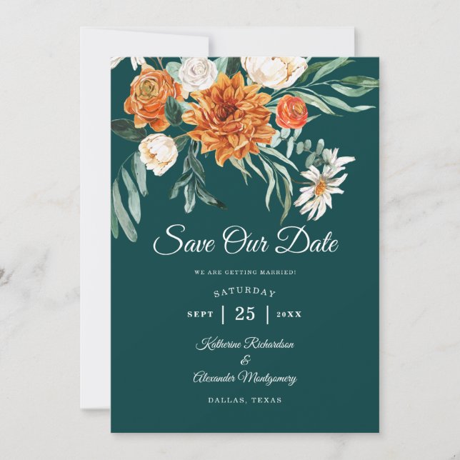 Dark Teal Terracotta Autumn Floral Photo Wedding  Save The Date (Front)