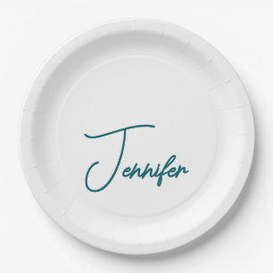 Dark Teal Trend Modern Minimalist Handwriting Name Paper Plate