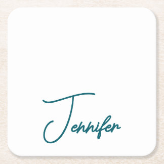 Dark Teal Trend Modern Minimalist Handwriting Name Square Paper Coaster