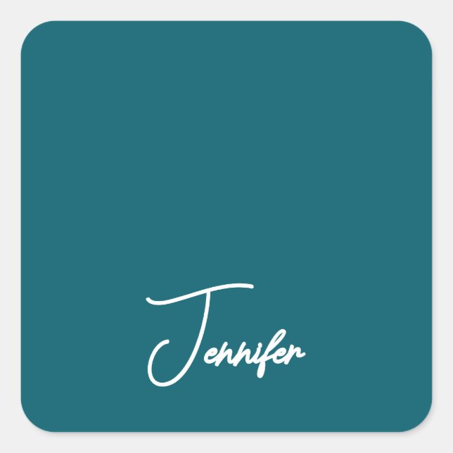 Dark Teal Trend Modern Minimalist Handwriting Name Square Sticker (Front)