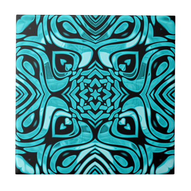 Dark Teal Turquoise Blue Green Ethnic Tribe Art Tile (Front)