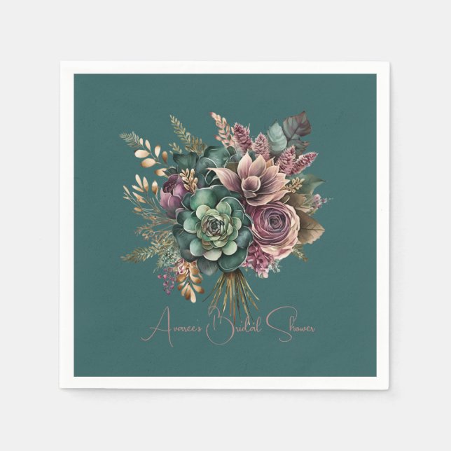 Dark Teal Turquoise Burgundy Floral Bouquet Shower Napkin (Front)