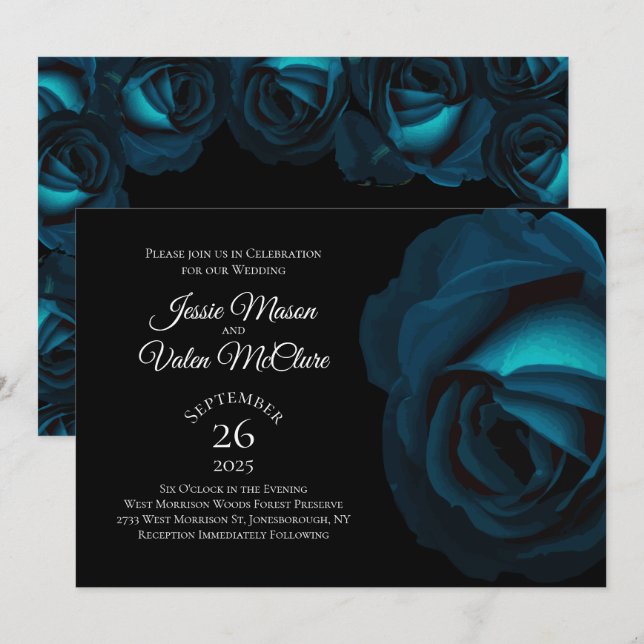 Dark Teal Turquoise Rose Gothic Elegant Wedding Invitation (Front/Back)