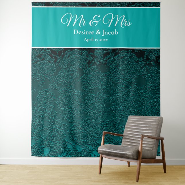 Dark Teal Turquoise White Wedding Photo Backdrop Tapestry (In Situ)